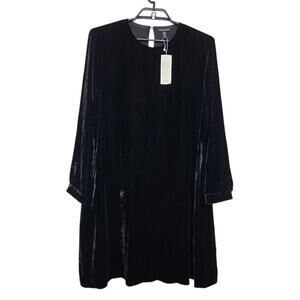 Eileen Fisher Black Silk Velvet Crew Neck Knee Length Dress Size Medium L/S